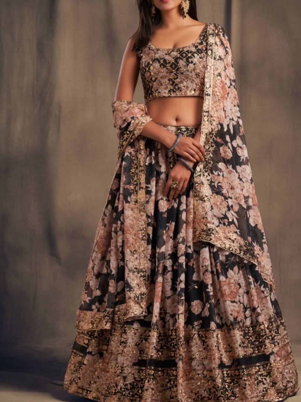 Organza Floral Print Sequin Embroidered Black Wedding Lehenga Set Choli With Dup